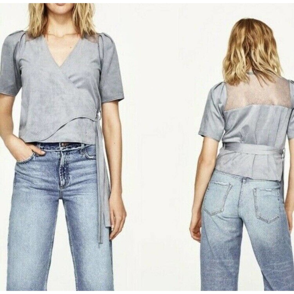Zara Womens Faux Suede Wrap Top Size Medium Lace Detail Vegan Velvet Sky Blue